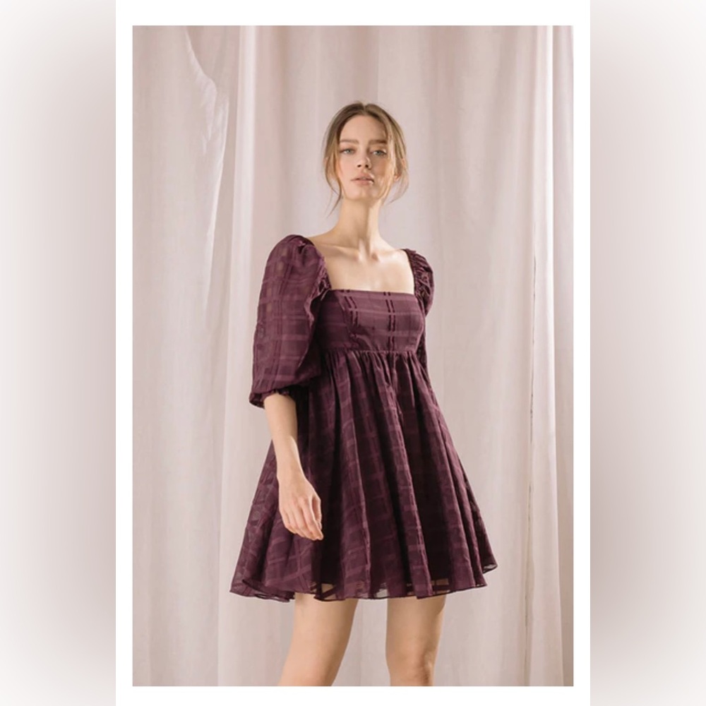 Storia Monochromatic Plaid Baby Doll Mini Purple Dress Size Small - Picture 5 of 14
